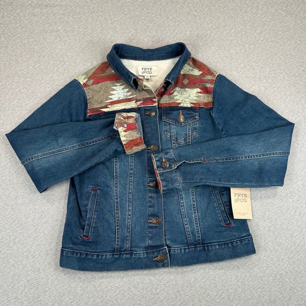 NWT Frye and Co Denim Trucker Jacket Womens XS Southwestern Print Yoke Aztec - Picture 2 of 10